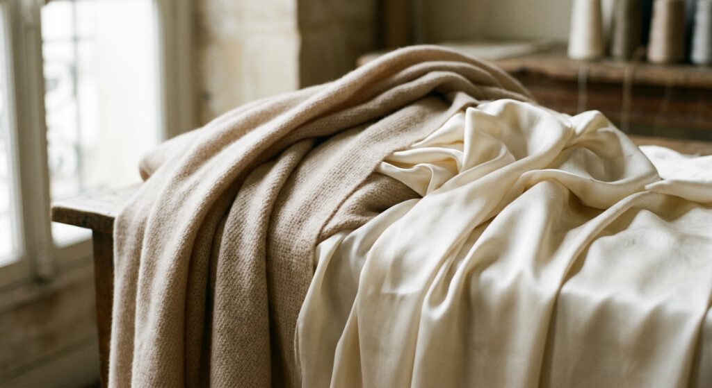 A close-up, high-fashion editorial shot of luxurious silk and cashmere fabrics draped elegantly in s