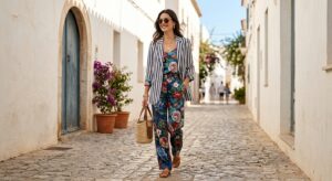 An elegant, high-end editorial shot of a woman wearing a sophisticated outfit featuring artfully mix