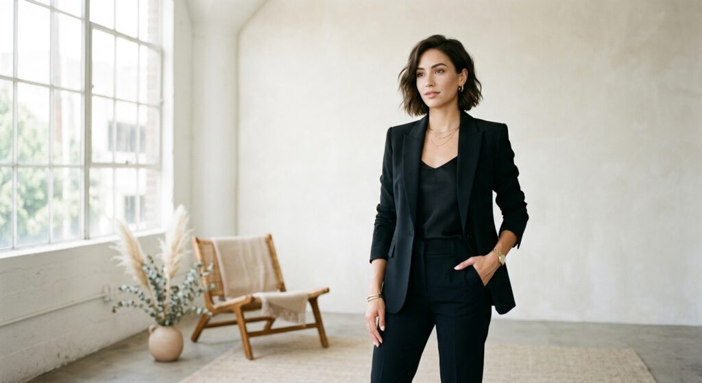 A chic, high-end editorial shot of a stylish woman wearing a perfectly tailored black blazer, captur