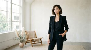 A chic, high-end editorial shot of a stylish woman wearing a perfectly tailored black blazer, captur